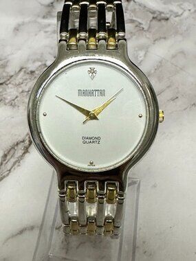 Manhattan Watch Women Two Tone Silver Gold White Dial New Battery 9 Inch